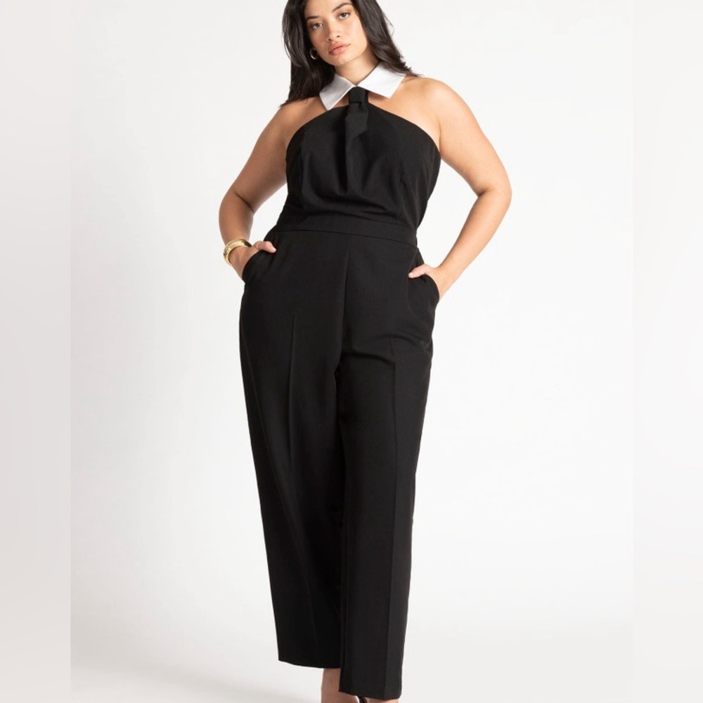 Eloquii Black Faux Tie Collared Jumpsuit - Picture 2 of 8